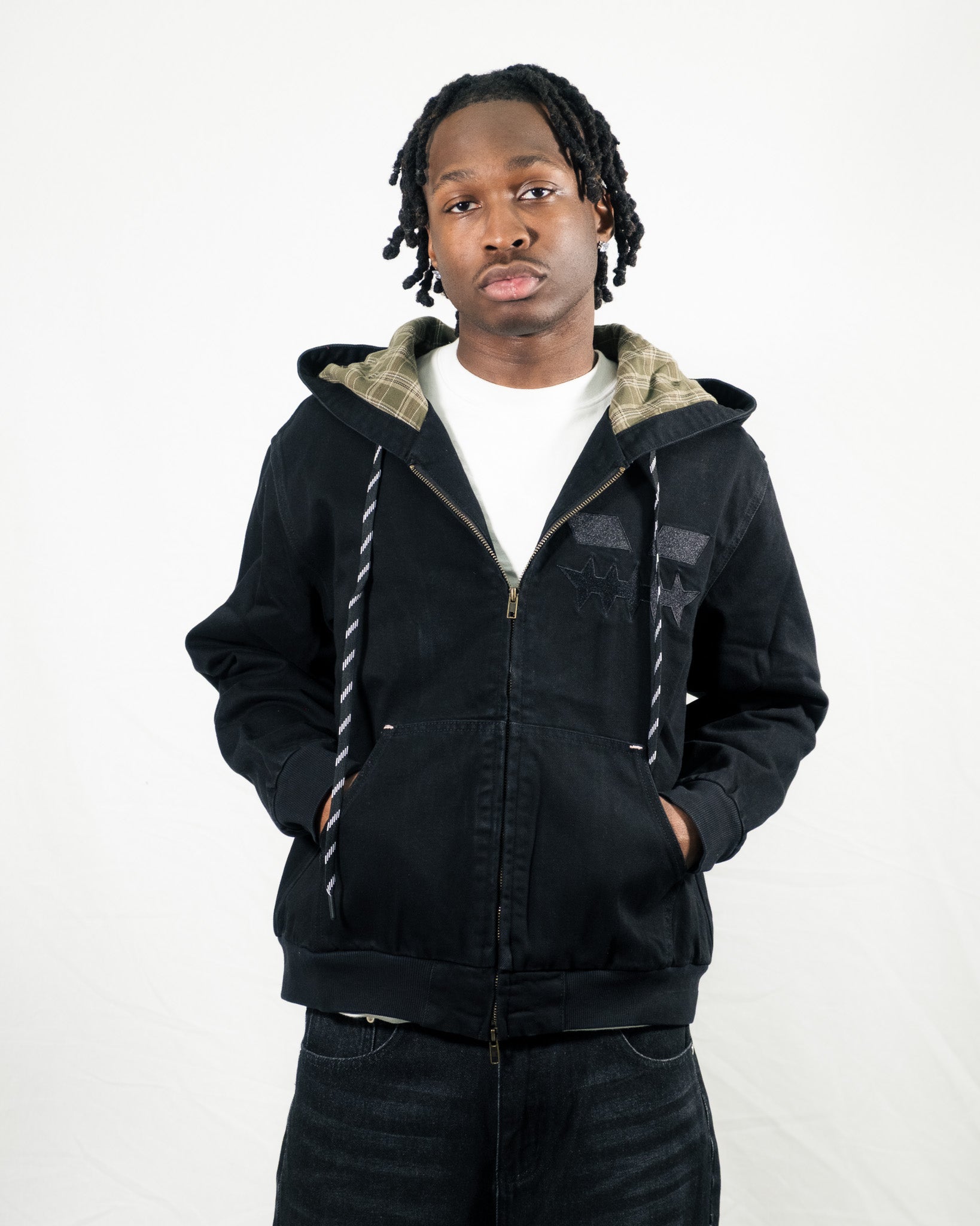 H.D « LA BRAD » DENIM AND PLAID HOODED JACKET